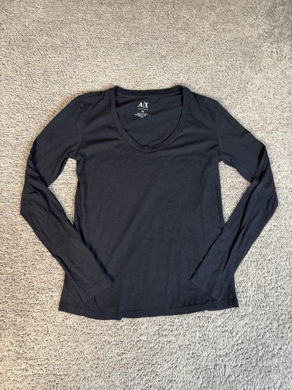 Armani Exchange Shirt Womens XS Black Scoop Neck Long Sleeve Cotton Slim